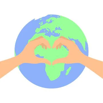 Two hands make a heart sign in front of the planet Earth Stock Illustration
