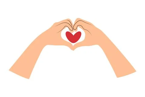 Two hands making heart sign and red heart between. Love gesture. Valentine'.. Illustrazione stock