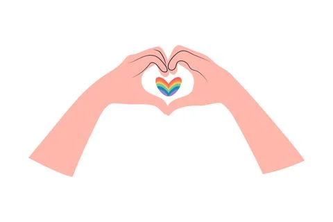 Two hands making heart sign and rainbow heart between. Love gesture. Rainbo.. Stock Illustration
