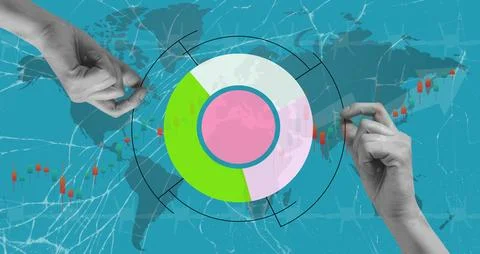 Two hands manipulate data visualizations on a bright blue background featurin Stock Photos