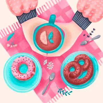 Two hands with mug, drinking coffee. Tea Coffee Break with hot Cup , Top view Stock Illustration