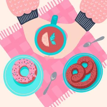 Two hands with mug, drinking coffee. Tea Coffee Break with hot Cup , Top view Stock Illustration