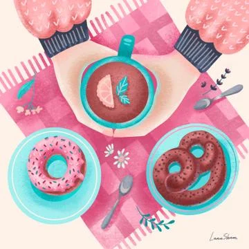 Two hands with mug, drinking coffee. Tea Coffee Break with hot Cup , Top view Stock Illustration
