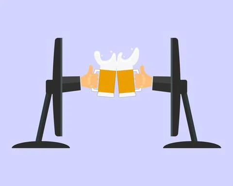 Two hands with mugs of beer protrude from computer screens and clink glasses.  Stock Illustration