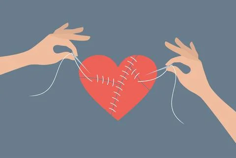 Two hands with needles and threads sewing up a broken heart Stock Illustration