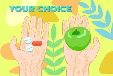 Two hands, one holding an apple and the other holding a pill. Conceptual vector Illustrazione stock