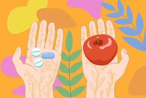 Two hands, one holding an apple and the other holding a pill. Conceptual vector Stock Illustration