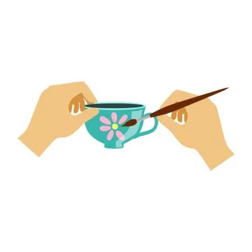 Two Hands Painting a Teacup, Elementary School Art Class Vector Illustration Stock Illustration