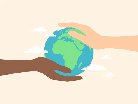 Two hands of people of different ethnicities holding planet Earth Stock Illustration