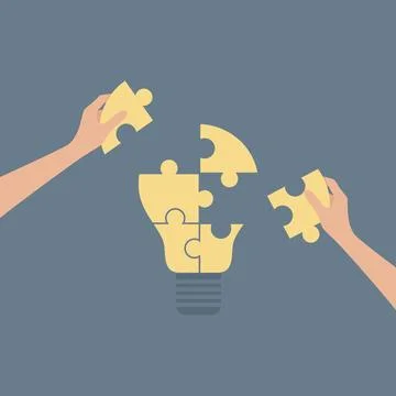 Two hands placing missing pieces on puzzle in the shape of a lamp Stock Illustration