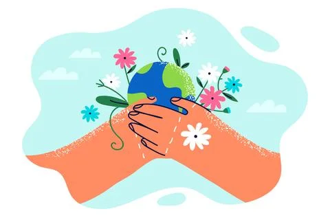 Two hands with planet earth and flowers symbolize environmental activism and Stock Illustration