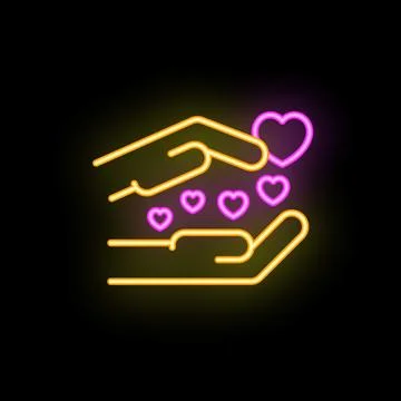 Two hands protecting falling hearts neon sign on black background Stock Illustration