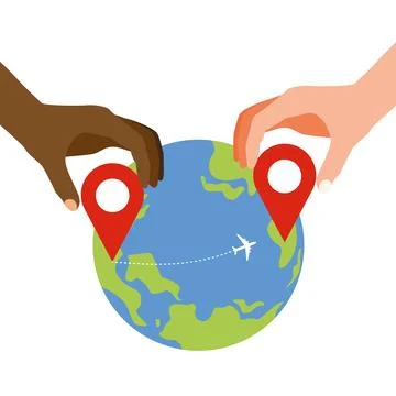 Two hands putting pin icons on a world map and an airplane flying on a route. Stock Illustration