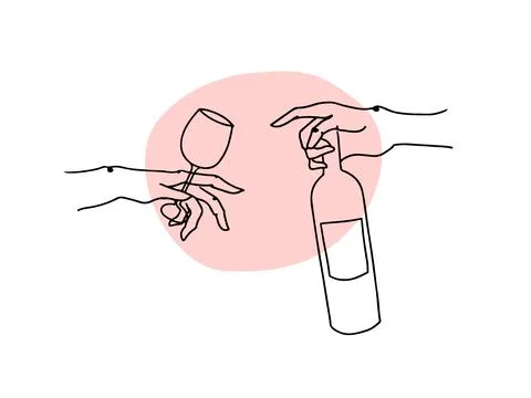 Two hands reach out to each other. Wine bottle and glass contour. Black outline Stock Illustration