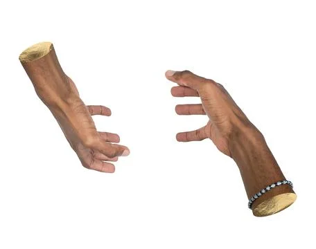 Two hands reach toward each other forming connection gesture against neutral 스톡 사진
