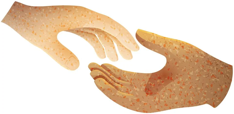 Two hands reaching to each other. Helping hand. Close up body part, stone 스톡 일러스트