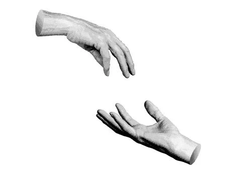 Two hands reaching to each other for love, unity, help, fingers stretching ou Stock Illustration