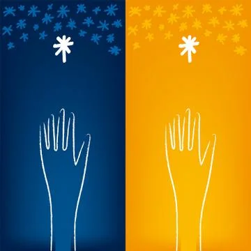 Two hands reaching the stars on blue and orange backgrounds. Stock Illustration