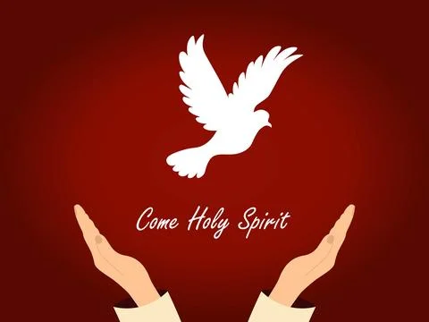 Two hands reaching up to a white dove, the Holy Spirit,  with the words Com.. Illustrazione stock