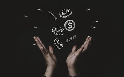 Two hands receive dollar money coins drawing which fallen from sky Stock Photos