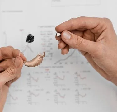 Two hands replacing a hearing aid battery surrounded by medical cards. Hearin Foto stock