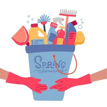 Two hands in rubber gloves holding blue plastic bucket with tools for cleaning Illustrazione stock