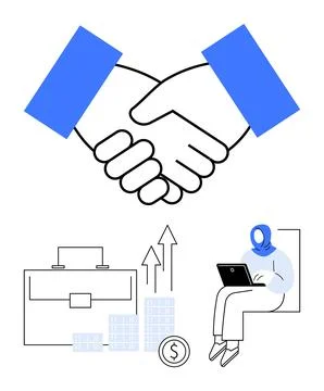 Two hands shaking, briefcase, stacks of coins, arrows indicating growth, pers Stock Illustration