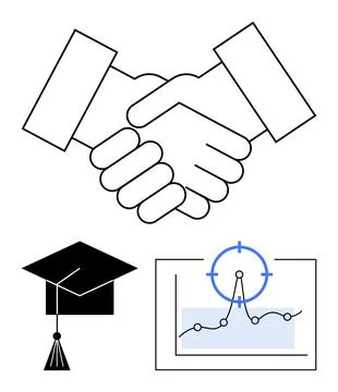 Two hands shaking, a graduation cap, and a chart with a target point. Ideal f Stock Illustration