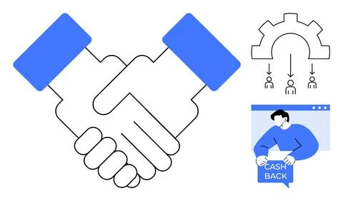 Two hands shaking representing partnership, a gear symbol with arrows indicat Stockillustratie