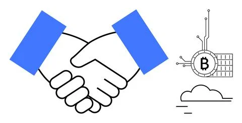 Two hands shaking, symbolizing agreement or partnership. A Bitcoin symbol con 스톡 일러스트