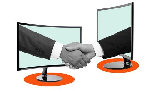 Two hands shaking through computer screens on a white background Stock Photos