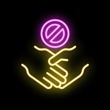 Two hands shaking under neon stop sign Stock Illustration