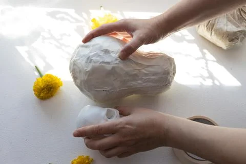 Two hands shape a white papier-mache skull form on a bright desk, surrounding Stock Photos