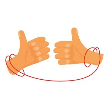 Two hands showing thumbs up connected by red thread Stock Illustration