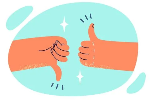 Two hands showing thumbs up or down symbolizes argument on current topic or Stock Illustration