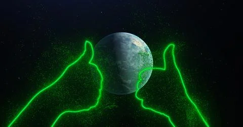Two hands showing like, thumbs up in space among the planet earth rotating Stock Illustration