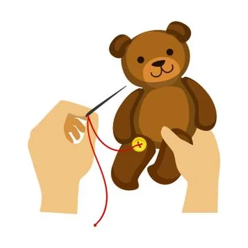Two Hands Stitching Button To A Teddy Bear Toy, Elementary School Art Class Stock Illustration