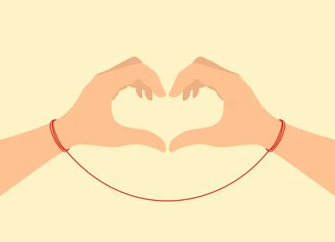 Two hands tied with the red thread of fate showing a heart sign Illustrazione stock