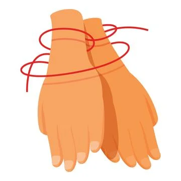 Two hands tied together with red string showing concept of cooperation 库存插图