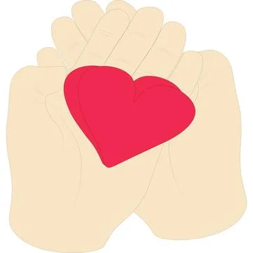 Two hands together, palms up, holding two hearts top view. Flat vector illust Stock Illustration
