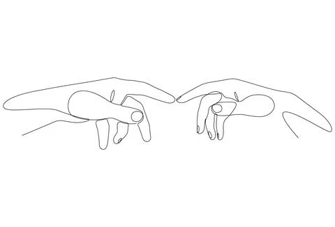 Two hands touch drawn by continuous line. Male and female hands touching line 스톡 일러스트