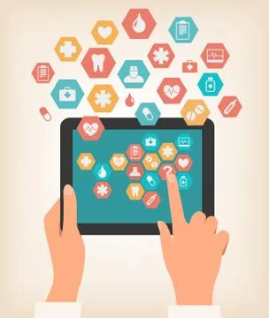 Two hands touching screen of a tablet with medical icons. vector. Stock Illustration