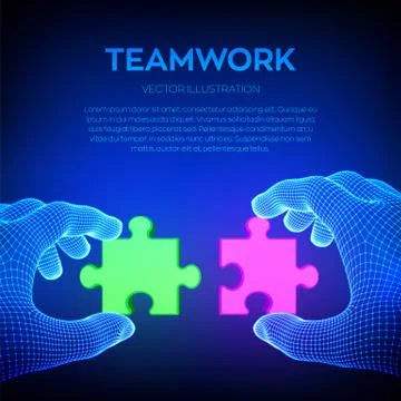 Two hands trying to connect couple puzzle piece. Red and green jigsaw parts a 스톡 일러스트