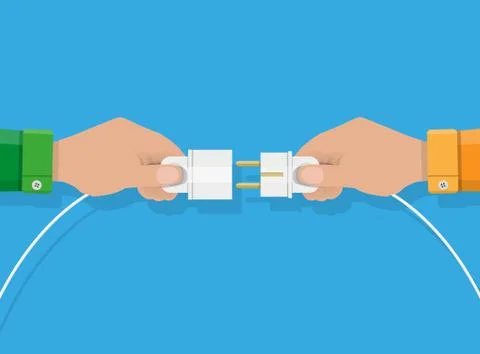 Two hands trying to connect electric plug together Stock Illustration