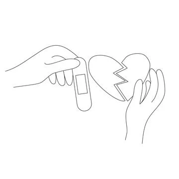Two hands trying to repair broken heart with a patch, doodle style vector Illustrazione stock