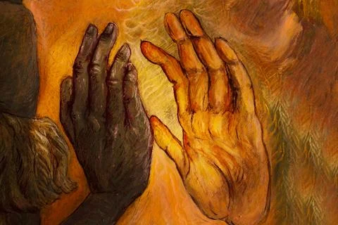 Two hands from two different worlds comming together in love promise, painting Illustrazione stock