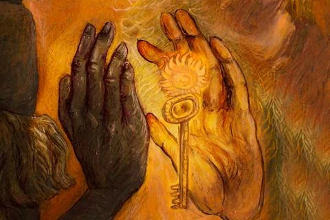 Two hands from two different worlds comming together in love promise, painting Stock Illustration