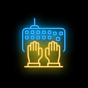 Two hands typing on a wireless keyboard neon sign icon Stock Illustration
