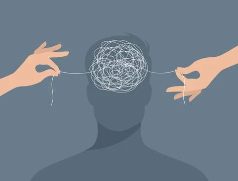 Two hands untangling a tangle of thoughts in a man's head Stock Illustration
