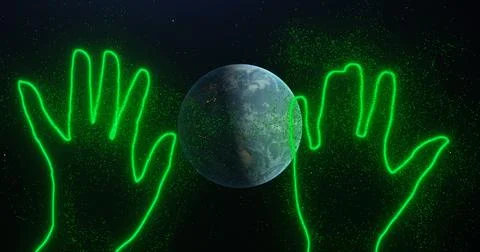 Two hands wave their palm in space among planet earth rotating, stars Stock Illustration